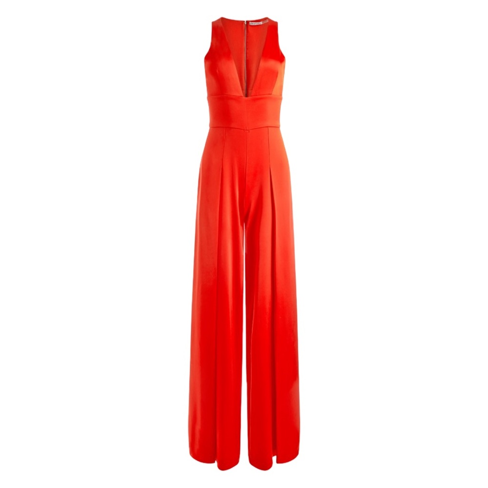NWT!! Alice + Olivia Myrtle Deep V-Neck Wide Leg Jumpsuit  Chili Pepper Red - 8 - Picture 2 of 15